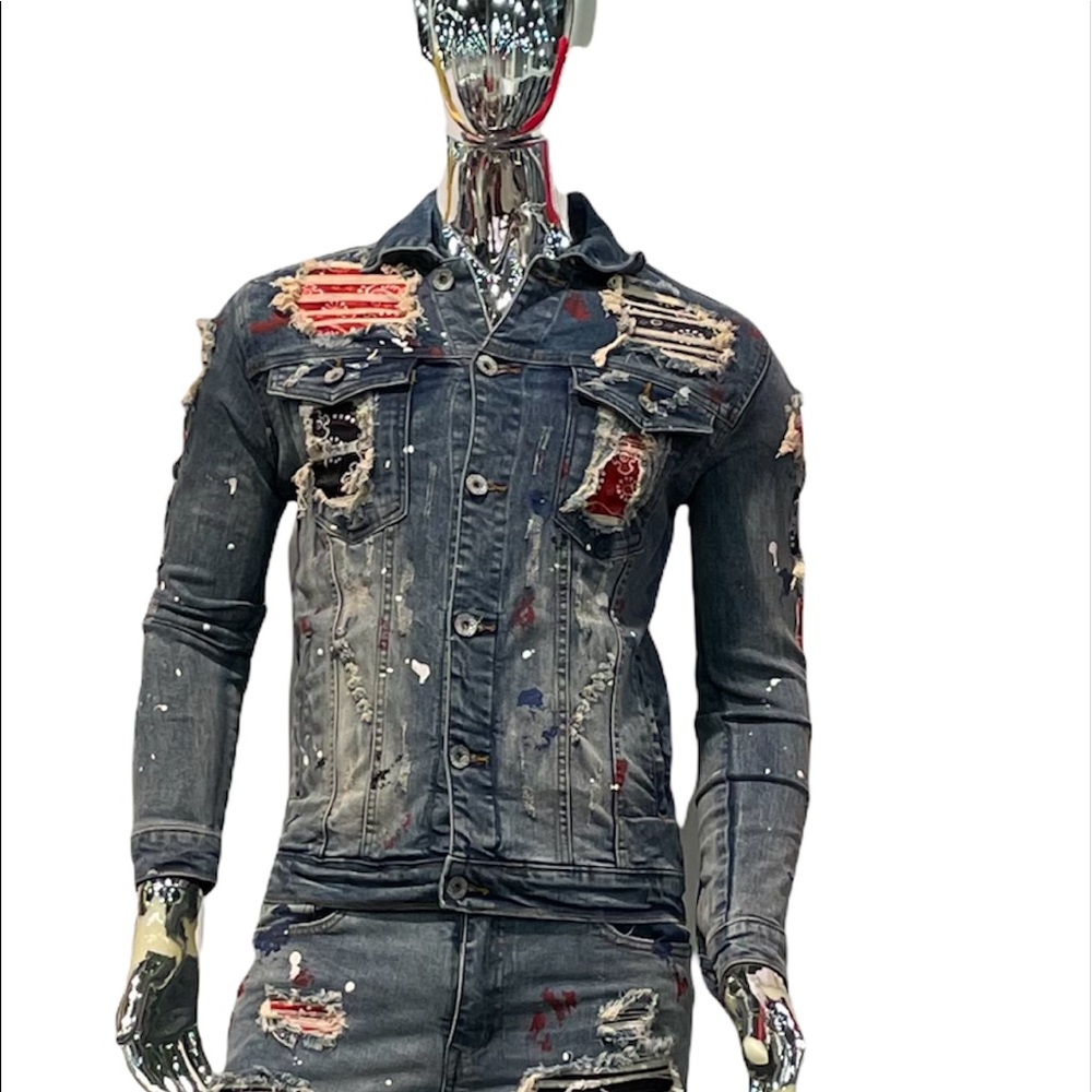 🔥SALE🔥Patchwork Bandanna Art Denim Jacket - Picture 4 of 10